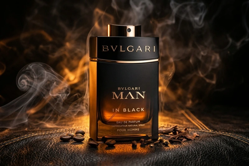 Bvlgari Man In Black perfume masculino premium com fumaça e iluminação sofisticada