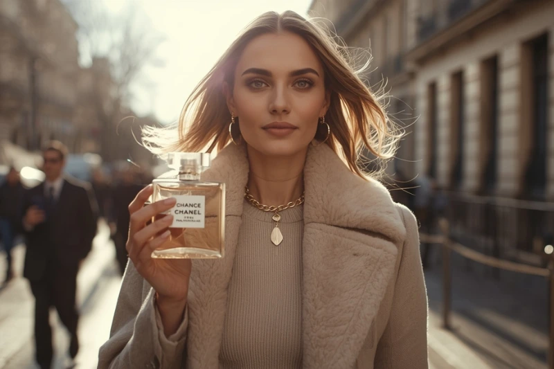 Mulher elegante usando perfume Coco Chanel em cenário sofisticado urbano