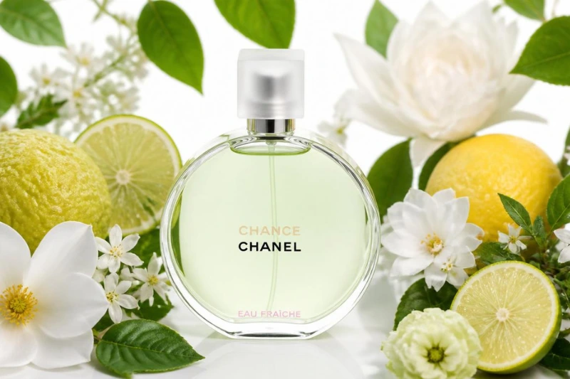 Perfume feminino Coco Chanel com composição sofisticada e elegante entre flores cítricas