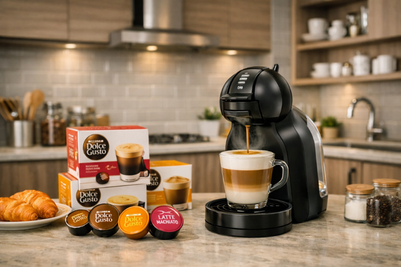
Máquina de café Dolce Gusto ao lado da caixa de cápsulas Café Au Lait e xícara pronta, destacando as Melhores Cápsulas Dolce Gusto em ambiente moderno e aconchegante.