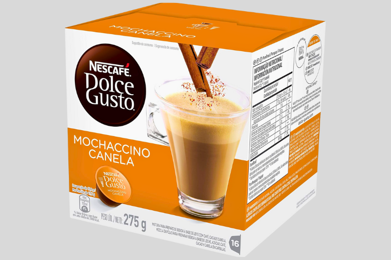 Caixa de cápsulas Nescafé Dolce Gusto Cappuccino sabor Canela com xícara