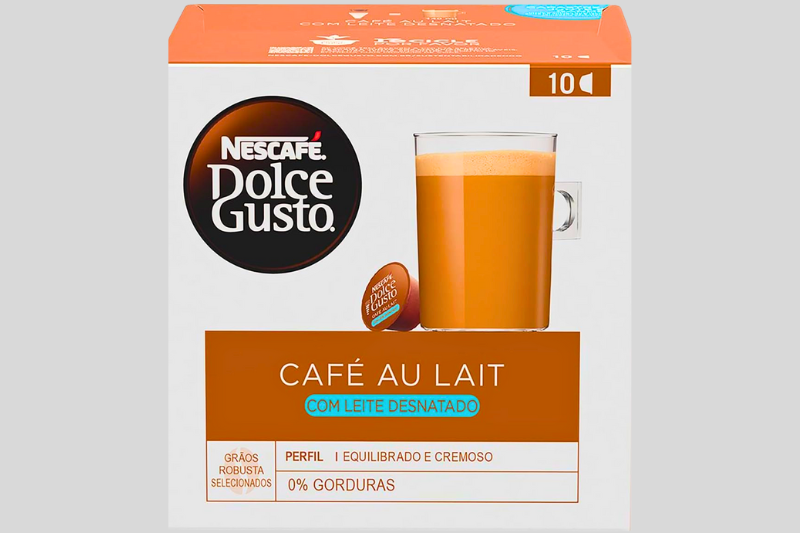 Caixa de cápsulas Nescafé Dolce Gusto Cortado com xícara de café expresso com leite