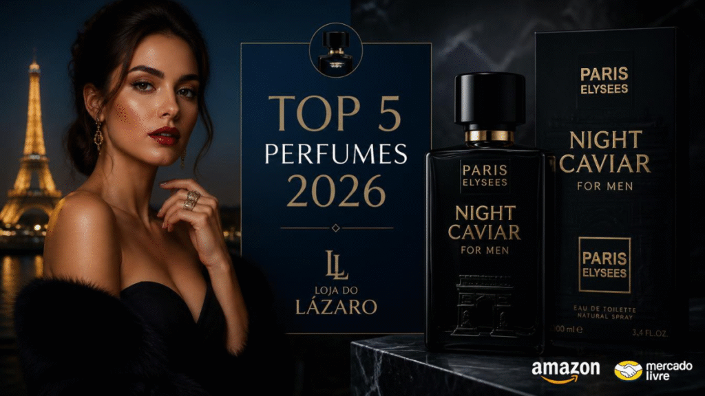 Mulher elegante ao lado de frascos de perfume com o título Top 5 perfumes 2026