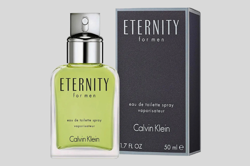 Perfume Eternity Masculino com caixa original ao lado.