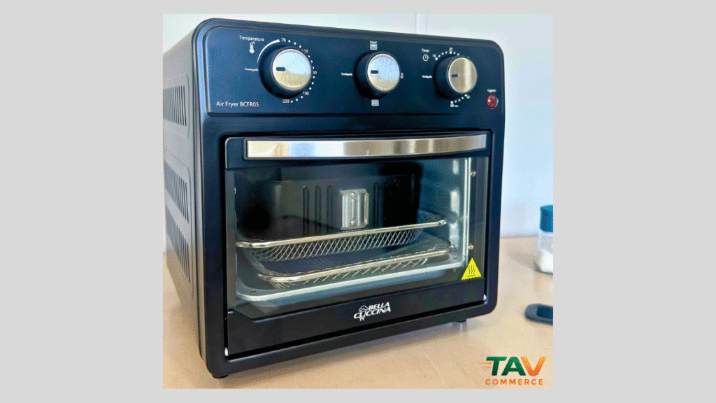Forno elétrico de bancada azul com display digital e porta de vidro