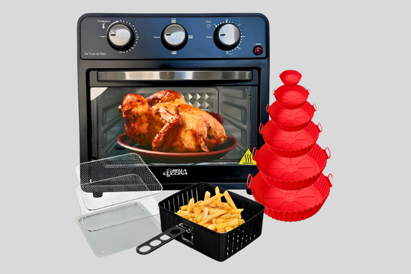 Forno elétrico de bancada azul com display digital e porta de vidro