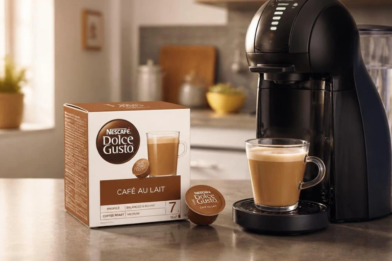 
Máquina de café Dolce Gusto preparando Café Au Lait ao lado da caixa de cápsulas, destacando as Melhores Cápsulas Dolce Gusto em ambiente moderno e iluminado.