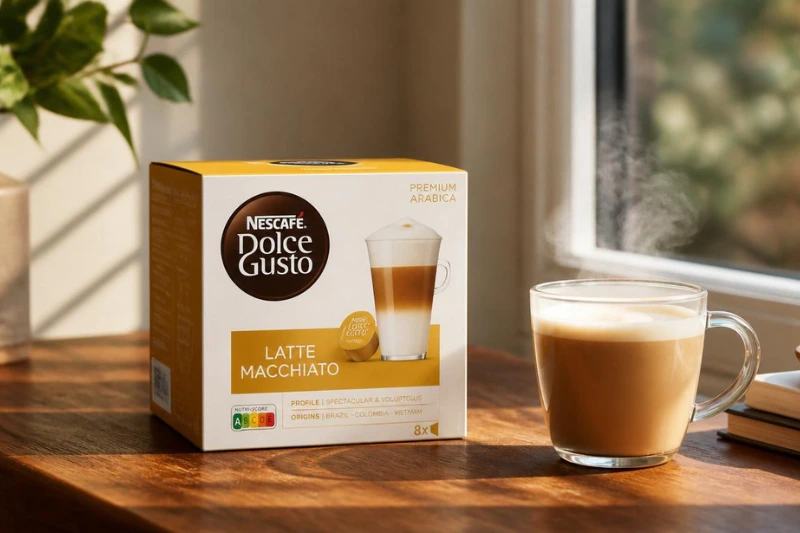 Caixa de cápsulas Dolce Gusto Latte Macchiato ao lado de uma xícara de café sobre mesa de madeira, destacando as Melhores Cápsulas Dolce Gusto em ambiente iluminado e aconchegante