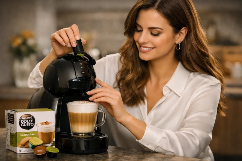 Mulher elegante preparando café com máquina Dolce Gusto e cápsulas Nescafé, representando as Melhores Cápsulas Dolce Gusto em ambiente moderno e acolhedor.