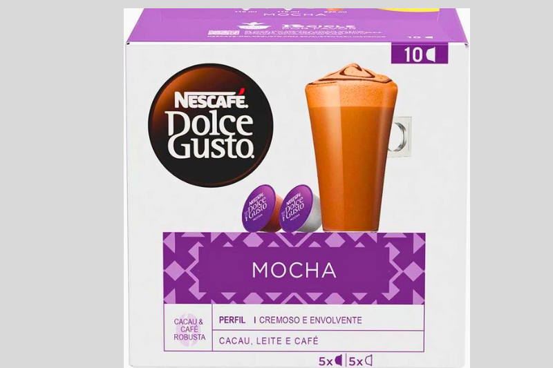 Embalagem de cápsulas Nescafé Dolce Gusto Mocha com bebida de café e chocolate