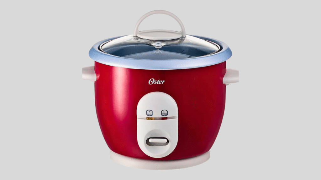 Panela Elétrica Oster Facile Vermelha com tampa de vidro refratário, revestimento antiaderente e função de cozimento a vapor, destaque do review comparativo com Philco e Mondial.