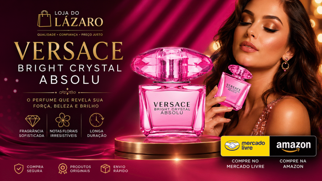 Versace Bright Crystal Absolu, perfume feminino sofisticado em frasco rosa, com mulher elegante ao lado.