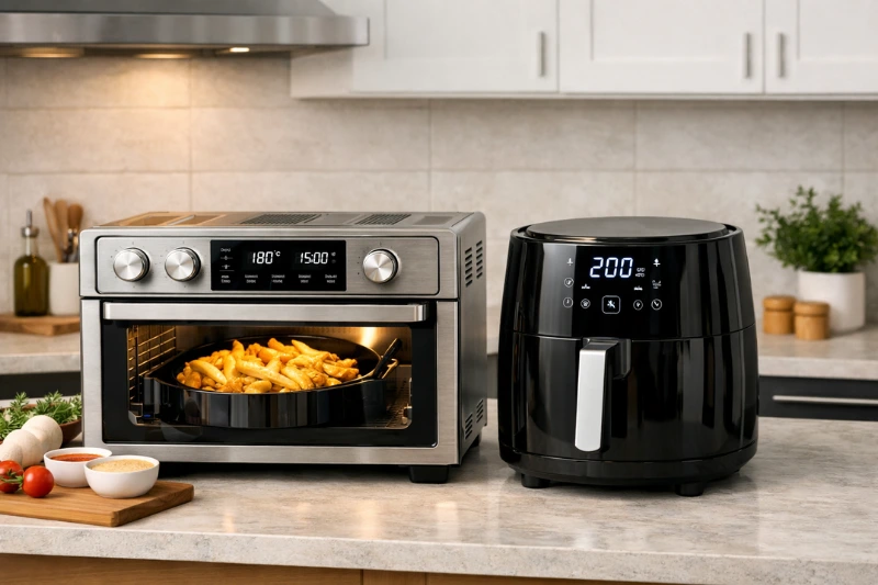 Air Fryer e forno elétrico em uma cozinha moderna, mostrando tecnologia e praticidade no preparo de alimentos.