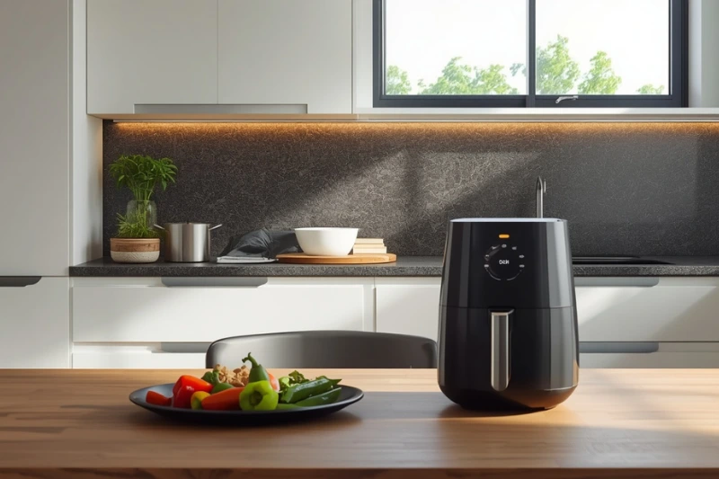 
Air Fryer preta sobre uma bancada de madeira em uma cozinha moderna e iluminada, destacando praticidade e design contemporâneo.