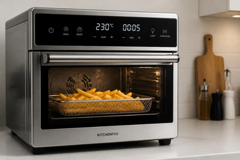 Forno elétrico com função Air Fryer assando batatas fritas douradas em uma cozinha moderna.