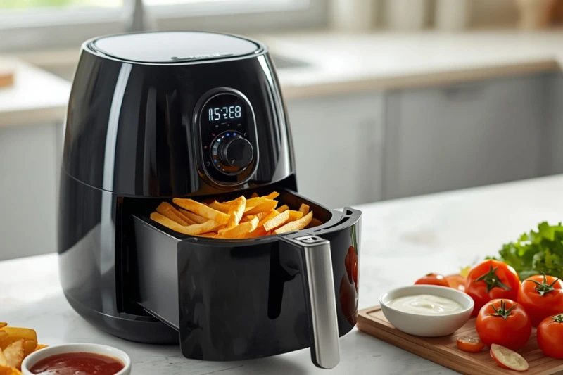 Air Fryer preta com cesta aberta mostrando batatas fritas douradas e crocantes sobre uma bancada de cozinha moderna, ao lado de tomates e verduras frescas.