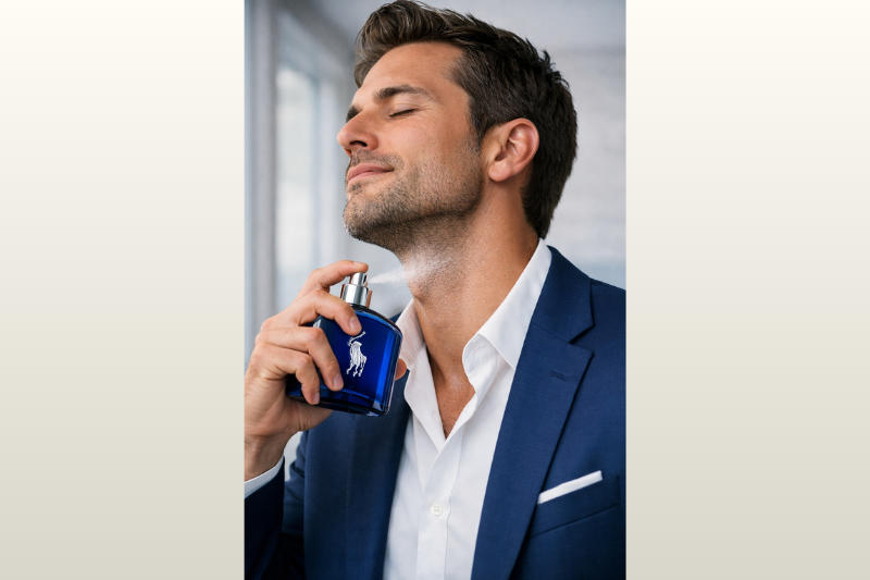 Homem elegante aplicando perfume Polo Blue no pescoço, representando frescor e sofisticação.