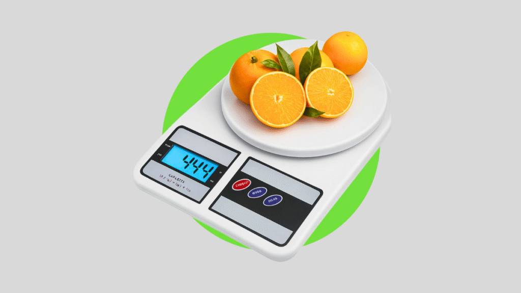 Balança digital de cozinha verde com display LCD pesando laranjas