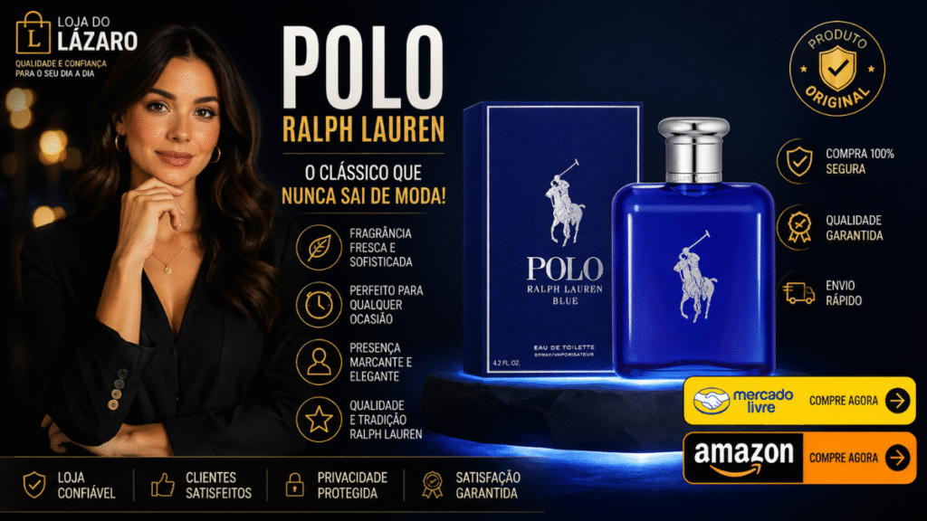 Frasco e embalagem do perfume Polo Blue em destaque ao lado de uma modelo em banner promocional.