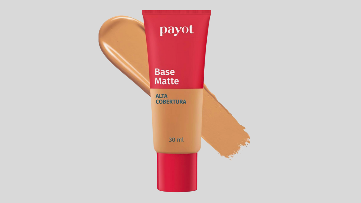 Base líquida com textura aplicada ao fundo, destacada em fundo neutro.