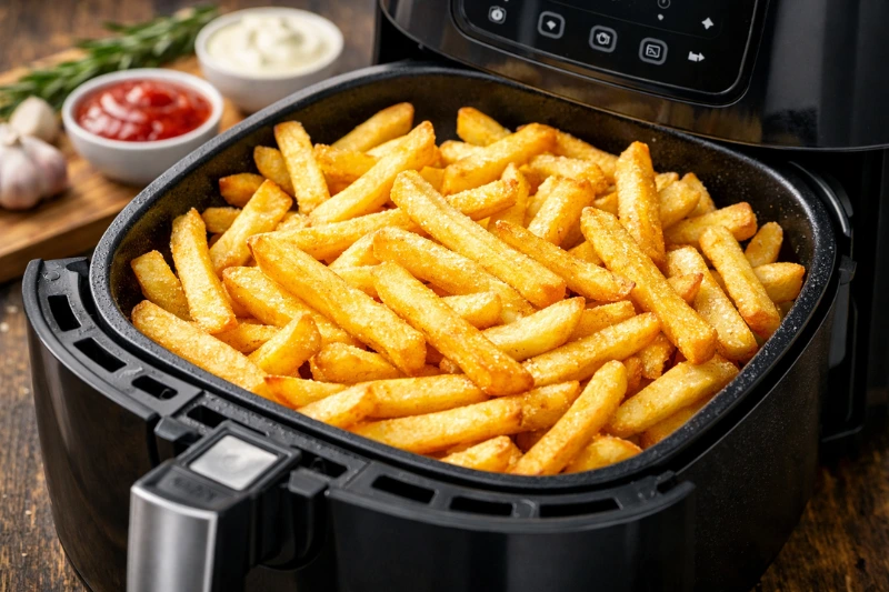 Batatas fritas douradas e crocantes sendo preparadas na Fritadeira Air Fryer, com molhos e temperos ao fundo.