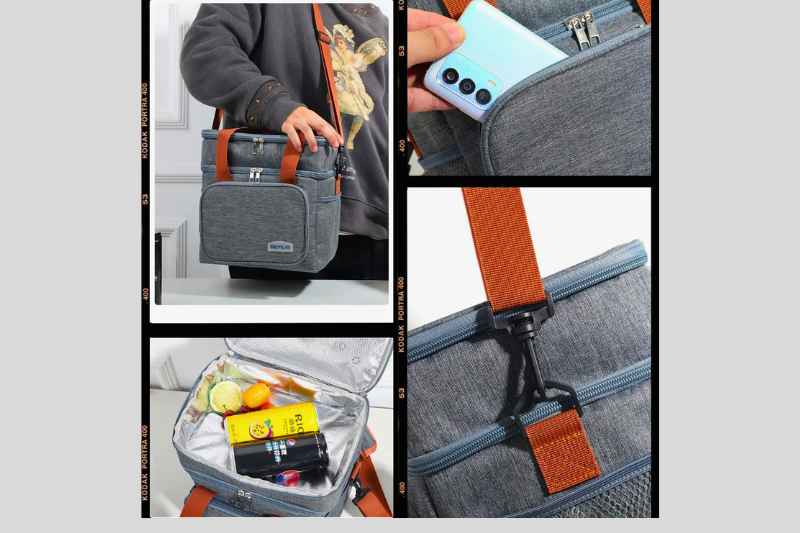 Vários ângulos da bolsa térmica cinza mostrando bolsos, divisórias e detalhes internos.