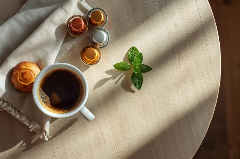 Ritual matinal de café com cápsulas Nespresso, xícara e ambiente aconchegante