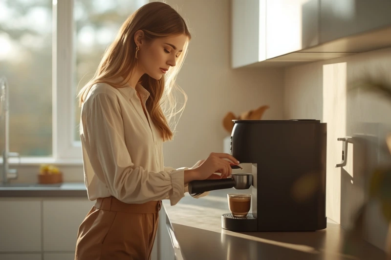 Mulher elegante preparando café com a Cafeteira Nespresso em cozinha moderna