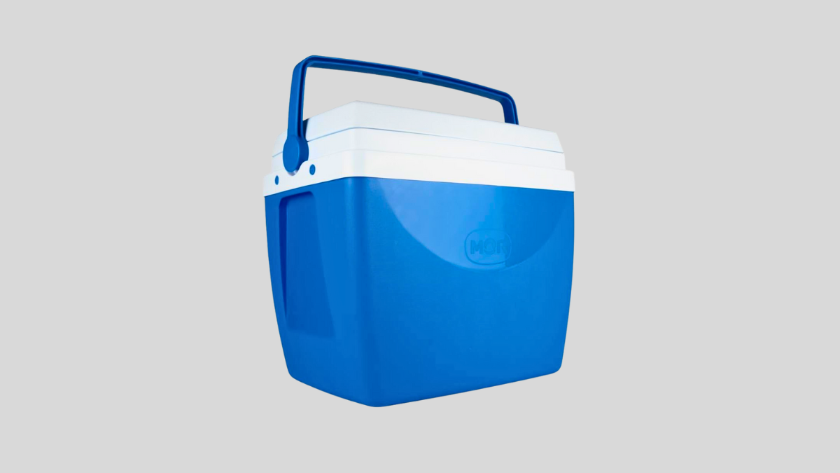 Caixa térmica azul utilizada como destaque em conteúdo sobre fitness em casa.