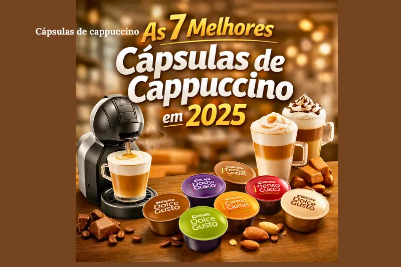 Imagem ilustrativa das melhores cápsulas de cappuccino Dolce Gusto em 2025, com máquina Mini Me e diferentes sabores disponíveis.Cápsulas de cappuccino