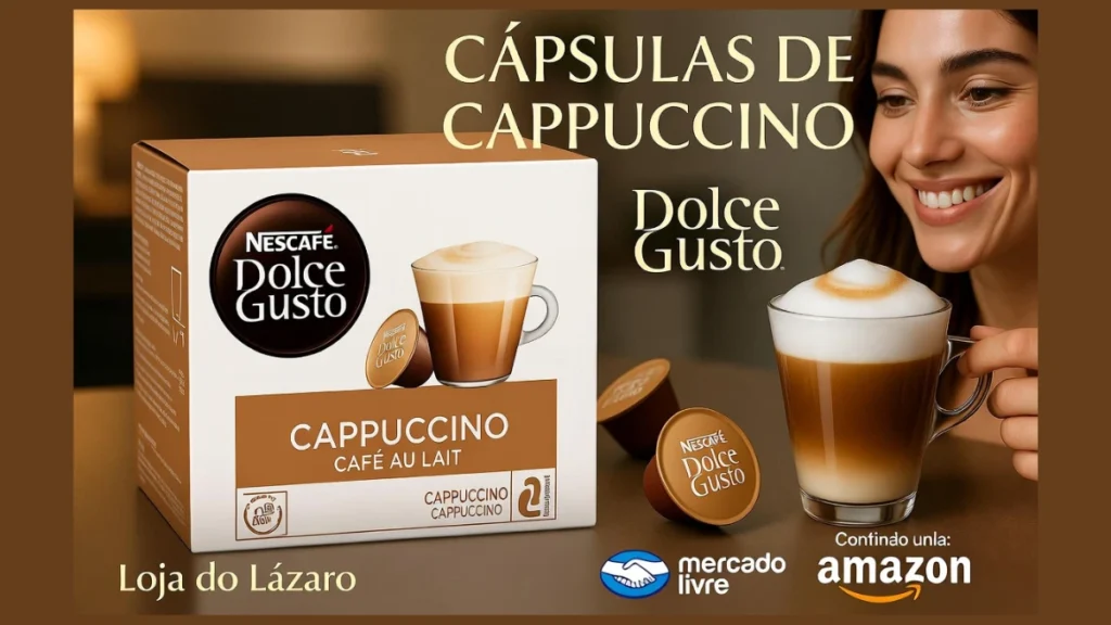Cápsulas de Cappuccino compatíveis com Nespresso, ao lado de uma xícara de café cremoso e grãos torrados