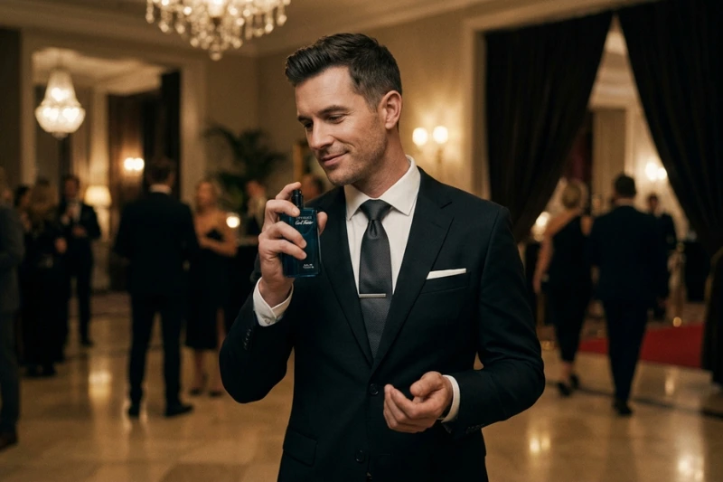 Homem elegante de terno preto segurando Davidoff Cool Water em ambiente sofisticado