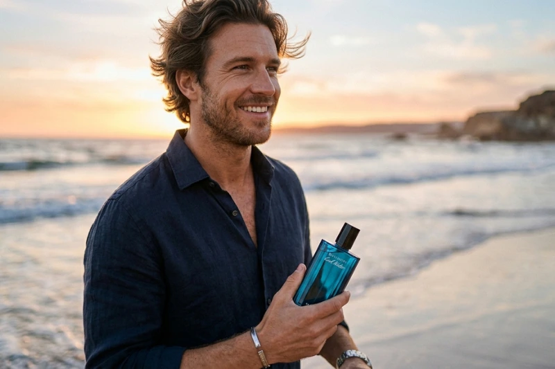 Homem casual na praia segurando Davidoff Cool Water com o oceano ao fundo
