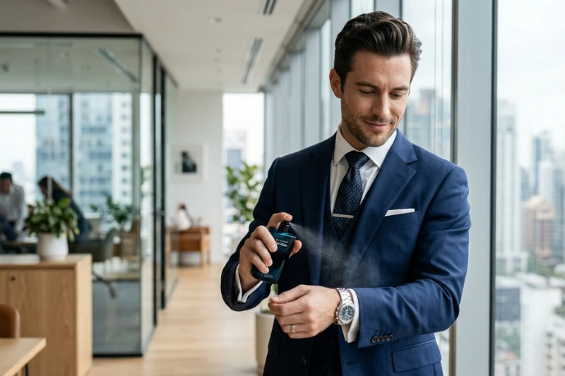 Homem sofisticado de terno azul aplicando Davidoff Cool Water no pulso
