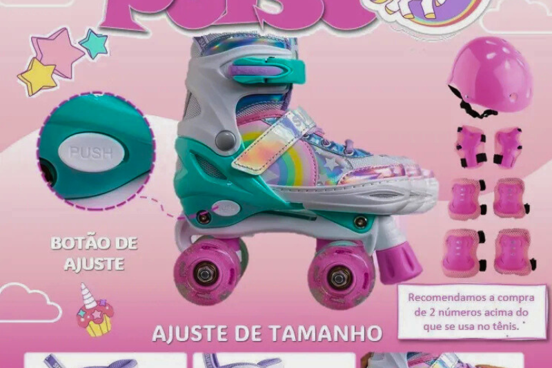 Patins quad ajustáveis coloridos com rodinhas LED e botão de ajuste, acompanhados de kit de proteção rosa com capacete e joelheiras.