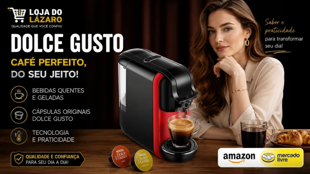 DOLCE GUSTO cafeteira de cápsulas preparando café expresso sobre bancada, com cápsulas, xícara de café e identidade visual da Loja do Lázaro.