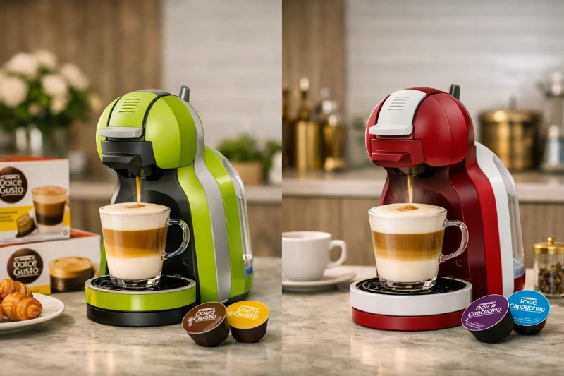 Máquinas de café Dolce Gusto nas cores verde e vermelha preparando bebidas cremosas em xícaras de vidro, acompanhadas de cápsulas de café sobre a bancada da cozinha.