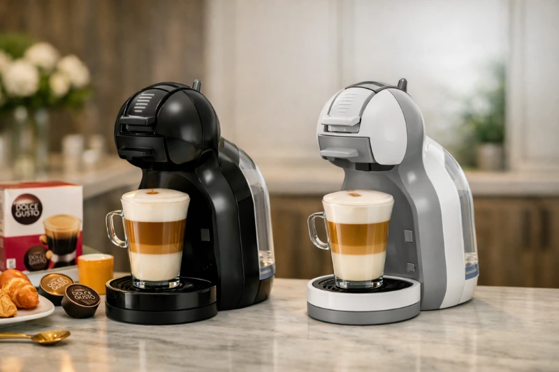 Cafeteiras Dolce Gusto Mini Me preta e branca preparando bebida quente em cozinha moderna com cápsulas ao lado.