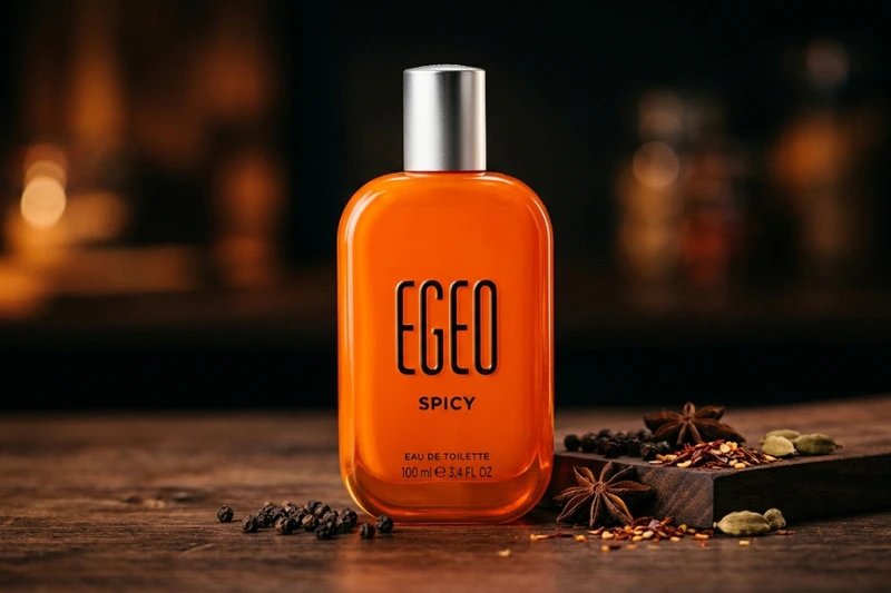 Frasco do Egeo Spicy Vibe desodorante colônia 90ml O Boticário com especiarias ao fundo