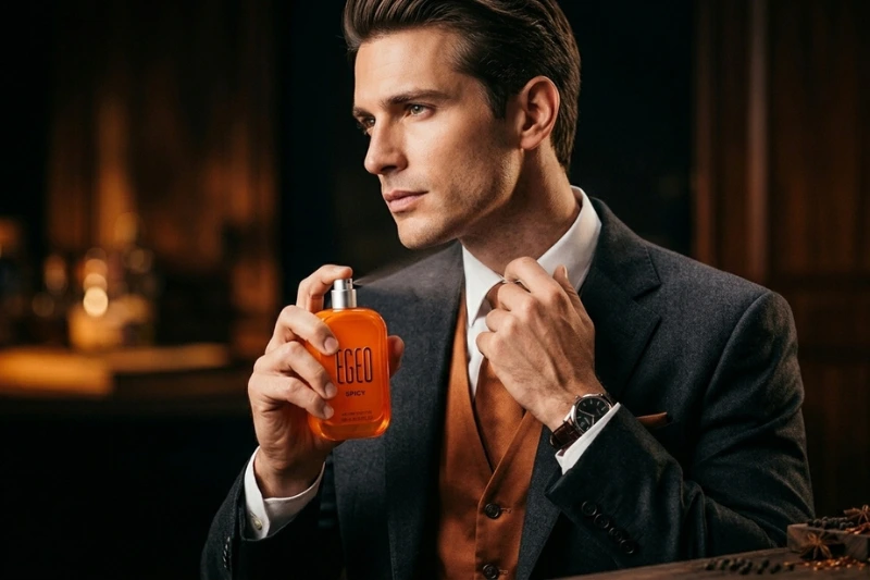 Homem elegante usando o Egeo Spicy Vibe, fragrância masculina do Boticário