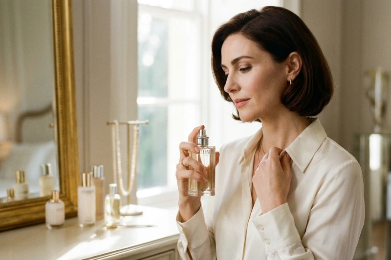 Mulher aplicando o perfume “Eternity feminino” diante do espelho, representando o ritual de beleza e a essência atemporal da feminilidade.