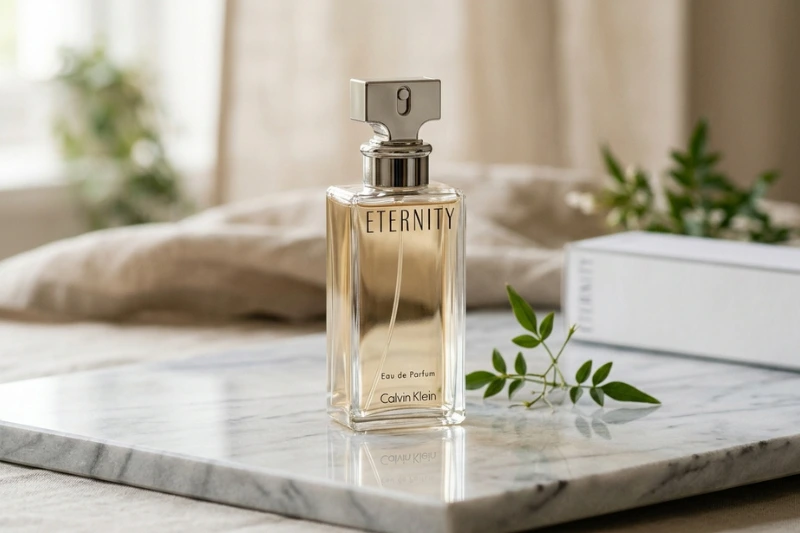 
Frasco do perfume “Eternity feminino” sobre mármore, iluminado por luz natural, simbolizando elegância, serenidade e a essência atemporal do feminino.