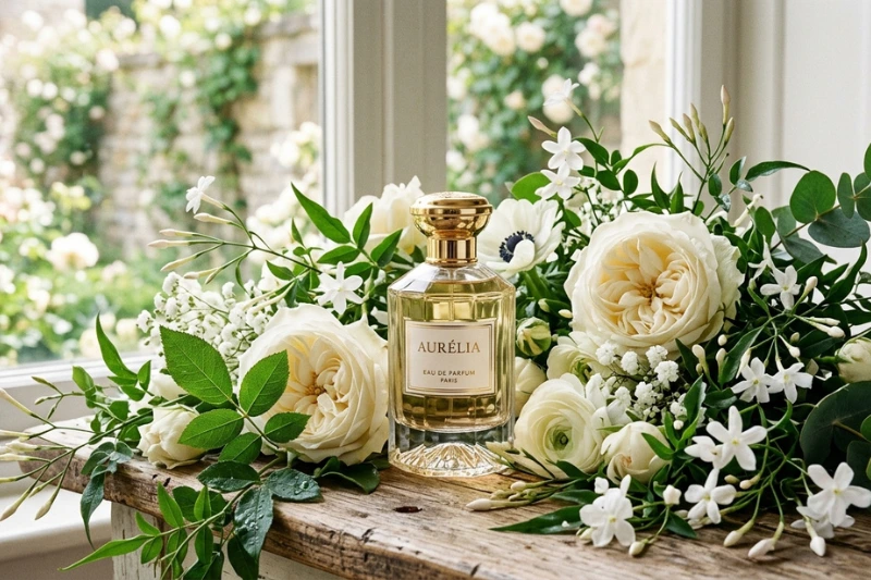 Frasco do perfume “Eternity feminino” entre flores brancas e verdes, simbolizando notas florais que expressam pureza, frescor e a essência eterna do feminino.
