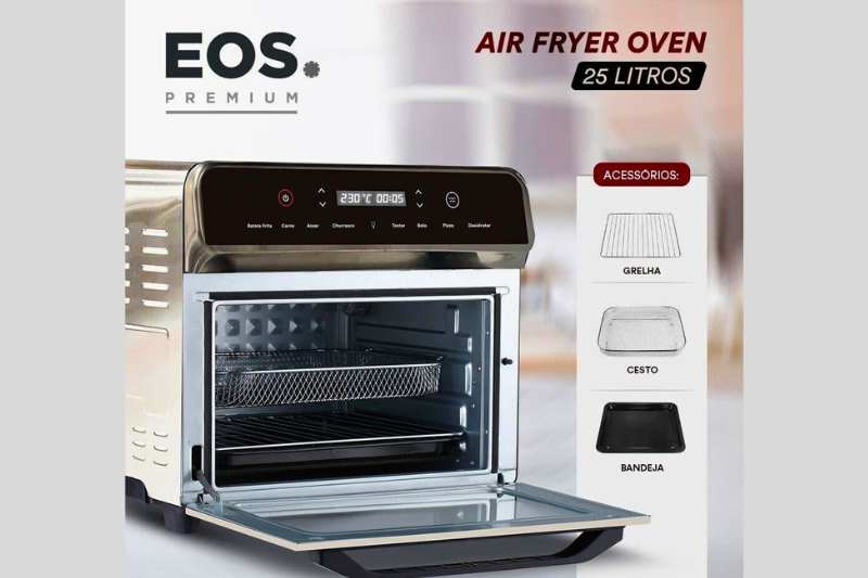 Forno Air Fryer com a porta aberta mostrando o interior iluminado.

