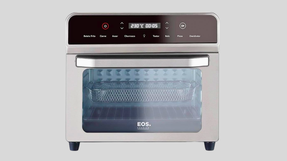 Forno Air Fryer inox com visor digital e porta frontal transparente.