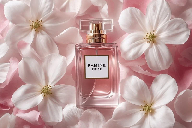 Frasco de perfume feminino cercado por flores delicadas, destacando a essência floral da fragrância.