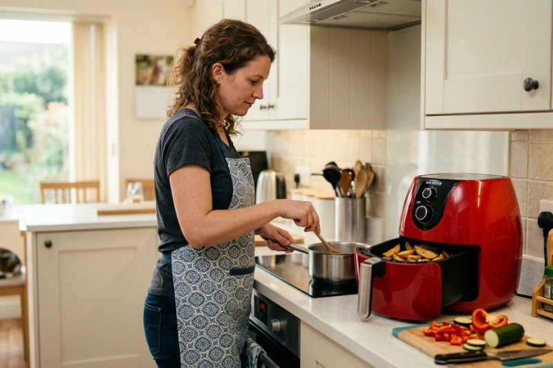 Mulher utilizando fritadeira elétrica na cozinha moderna