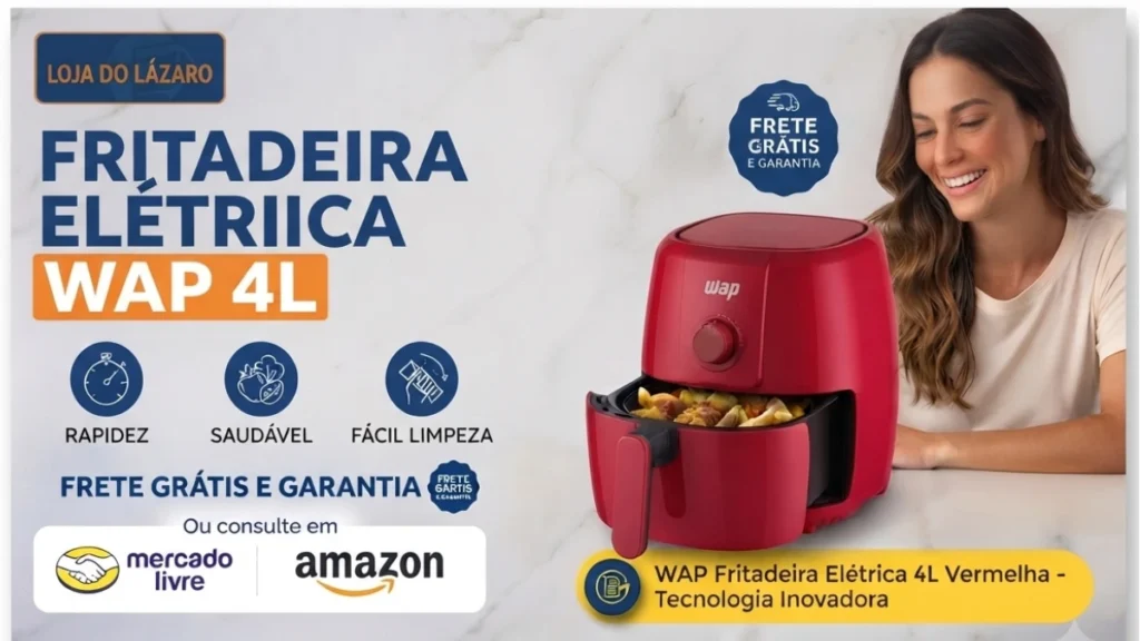 Fritadeira elétrica WAP 4L vermelha na bancada da cozinha com uma mulher sorrindo ao lado.