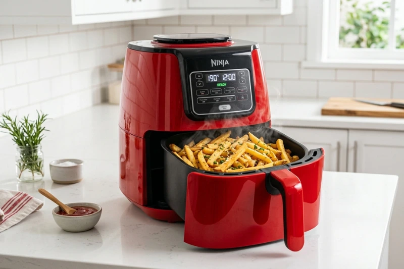 Fritadeira elétrica WAP Air Fryer vermelha sobre bancada de cozinha moderna