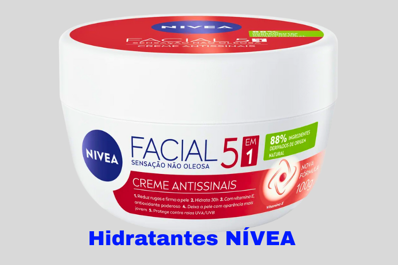 Imagem de um creme facial da linha Hidratantes NIVEA, em pote branco com tampa vermelha, destacado sobre fundo claro.